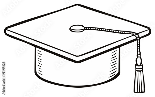 Classic Academic Graduation Cap with Tassel Black and White Line Art Illustration Symbolizing Education Success and Achievement