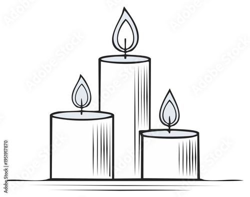 Three lit candles standing tall with flickering flames against a plain backdrop evoking warmth and ambiance