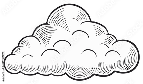 Stylized Cumulus Cloud Illustration with Hatching Detail in Black and White