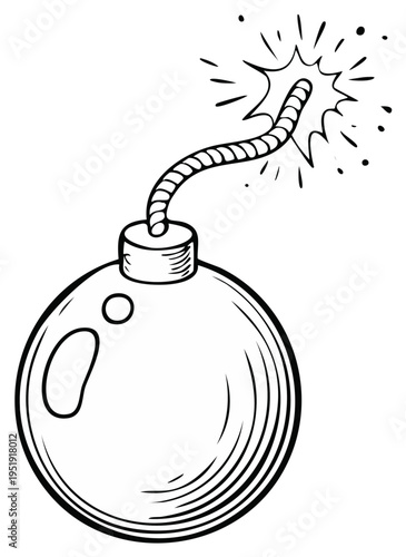 Hand drawn illustration of a vintage bomb with a lit fuse creating sparks