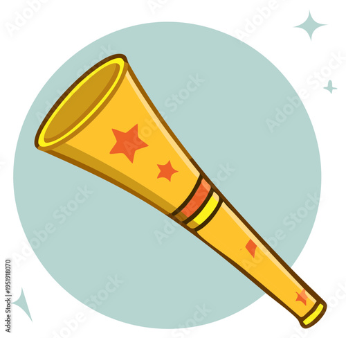 Cartoon illustration of a yellow party horn with star decorations in a blue circle.