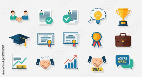 Business and Career Success Icons Set - Teamwork, Skills, Education, and Achievements.