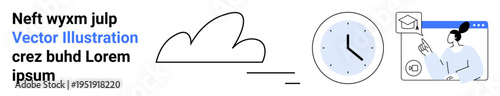 Cloud technology, productivity, online services, digital communication, remote work, customer support. Illustrations of a cloud, clock and a person interacting via a screen. Cloud technology