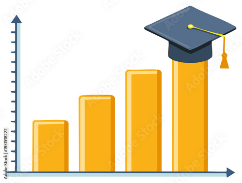 Growing bar chart topped with a graduation cap symbolizing academic success, educational progress, and achievement
