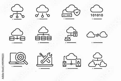 Illustrations depicting various cloud computing and network service concepts