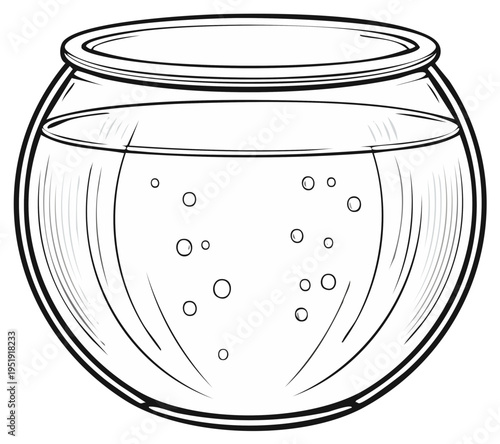 Clear glass fishbowl with water and bubbles, line art illustration
