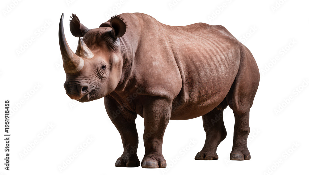 Obraz premium Majestic black rhinoceros standing gracefully, a powerful and endangered African wildlife mammal isolated on transparent background, high-quality PNG