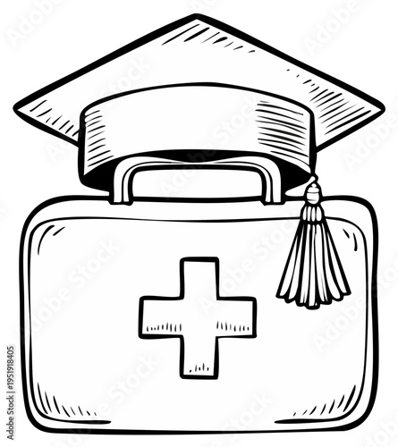 Medical Graduation Cap On First Aid Kit Represents Healthcare Education And Achievement