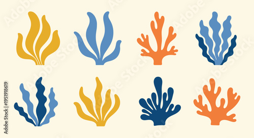Collection of stylized seaweed forms offers a visually appealing grouping for ocean life representation or abstract sea themed arrangements showcasing aquatic flora in various hues and formations