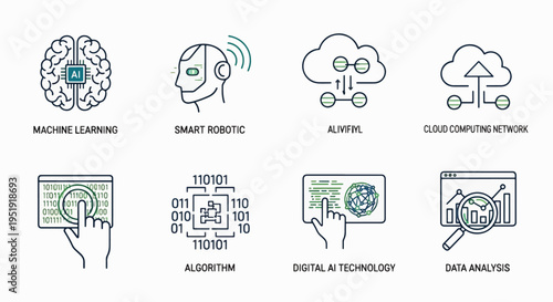 Conceptual depiction showcases machine learning alongside cloud computing robotic intelligence data analysis and algorithmic development representing technological advancement and innovation for