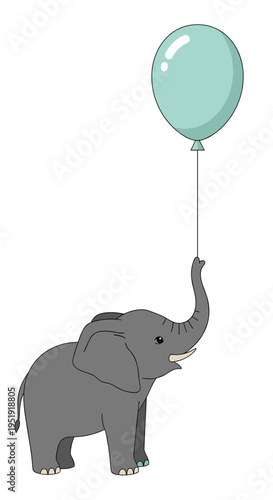 Gray elephant holding blue balloon.