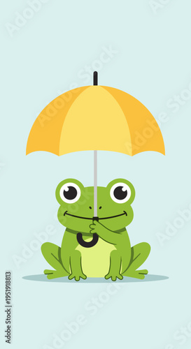 Smiling green frog under umbrella alone.