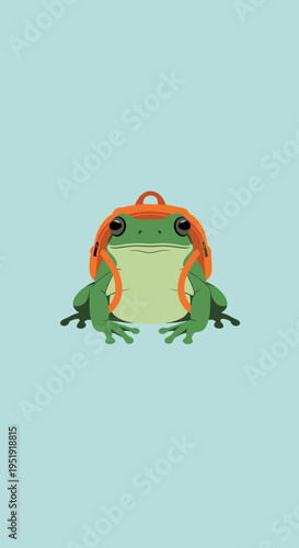 Green frog with orange markings sitting.