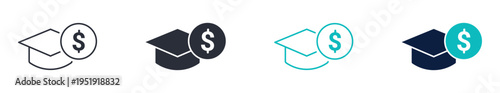 Education payment icons, graduation cap with dollar symbol, tuition fee and education finance icon in line and silhouette style, vector illustration