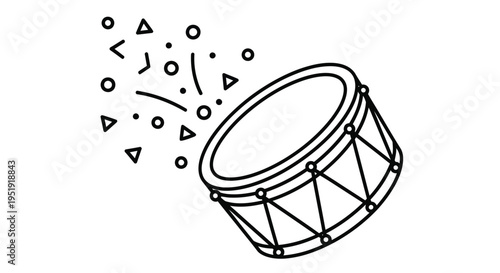 A black and white illustration of a bass drum with scattered geometric shapes