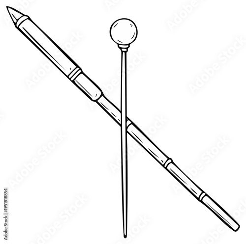 Hand-drawn crossed stylized wand and hatpin sketch illustration isolated for magical concept or vintage design element