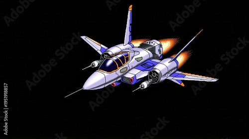 Retro pixel art spaceship flying in deep space. Vintage arcade video game graphic of a starfighter cruiser with thrusters activated. Science fiction concept for gaming and digital art.