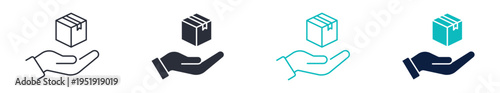 Delivery service icons, package box on hand symbol, shipping and courier service icon in line and silhouette style, vector illustration