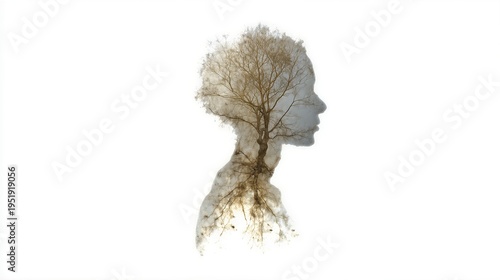 Double exposure profile of a woman and a tree. Nature connection concept showing human harmony with earth and environment. Symbol of growth, life, ecology and spiritual inner peace.
