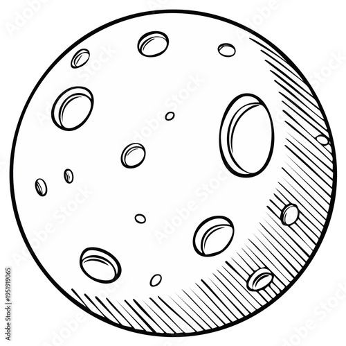 Hand drawn moon illustration featuring detailed craters in black and white line art style