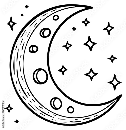 Hand-drawn crescent moon with craters and sparkling stars doodle illustration