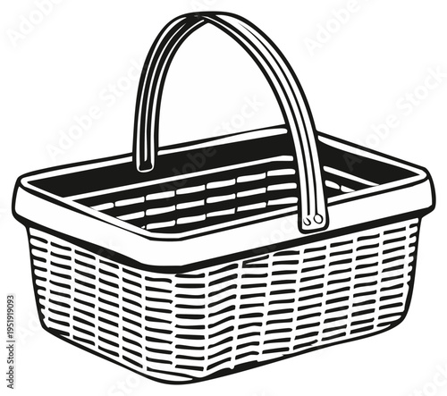 Black and white illustration of a woven picnic basket with handle