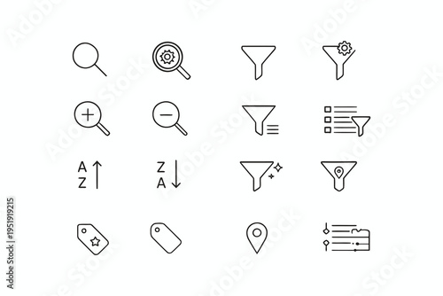 Collection of icons representing data filtering, sorting, and location functions