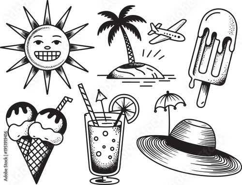 Summer vacation doodles including a smiling sun, tropical island with palm tree, airplane, ice cream, cocktail, and sun hat
