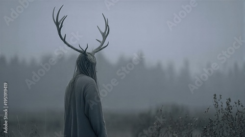 Woman wearing deer antlers mask walking in mystical woods. Dark surreal character in foggy forest. Eerie shamanic ritual concept. Mythological transformation and dark fantasy creature theme.