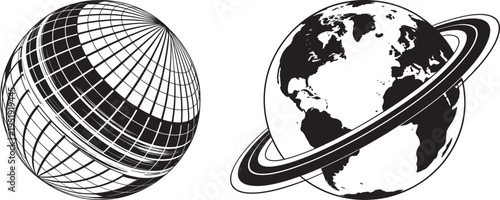 Vector illustration of stylized globes with grid lines and rings, representing earth and saturn planets, solar system