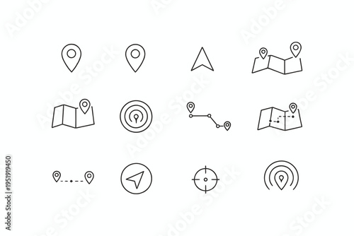 Collection of diverse map and location-based icons for navigation and geography