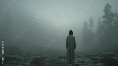 Woman standing alone in dense forest shrouded in heavy fog. Silhouette of girl in misty landscape. Concept of solitude, mystery and loneliness. Atmospheric nature scene in grey tone.