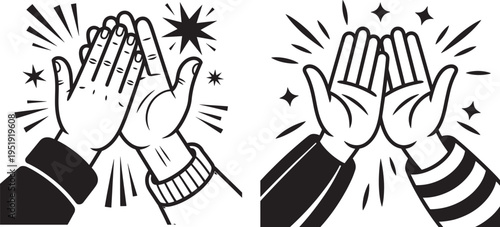 Two comic style illustrations of hands giving a high five, celebrating success, teamwork, congratulatory gesture, vector graphic