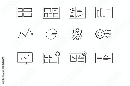 Collection of icons representing data analytics and system management concepts