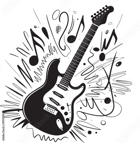Illustration of an electric guitar with musical notes, symbolizing music, sound, and creativity, graphic art, vector design