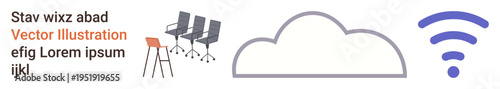 Cloud computing, teamwork, digital connectivity, office setup, data sharing, wireless connection. Cloud outline, wireless signal office chairs. Cloud computing and digital connectivity concept