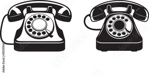 Vintage rotary telephones in black and white, classic communication devices, retro technology illustration, graphic art