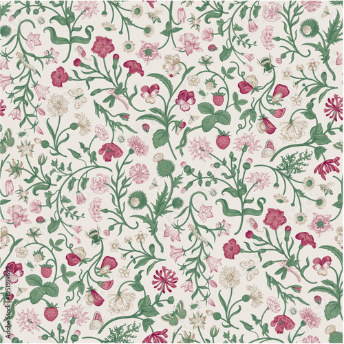 Flowers of the Meadow. Vintage seamless floral pattern. Inspired by hand embroidery. Pink and white flowers
