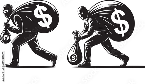 Vector illustration of two thieves carrying large sacks of money, symbolizing theft, crime, or financial loss, illegal activity