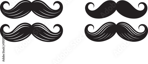 Vector illustration of four handlebar mustaches in black, representing style, vintage, or fashion elements, facial hair