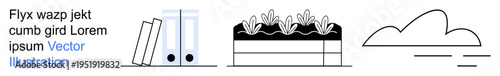 Education, gardening, nature, organization, sustainability, creativity. Icons of books, raised gardening bed and cloud in minimalist black and white style. Education and gardening