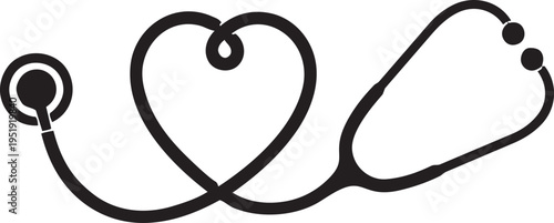 Stethoscope Heart Symbol: A stylized stethoscope forms the shape of a heart, representing care, health, and medical support. This image is a symbol of compassion and wellbeing.