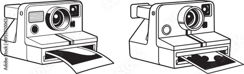 Vector illustration of vintage instant cameras ejecting photos, representing photography and memories, instant camera