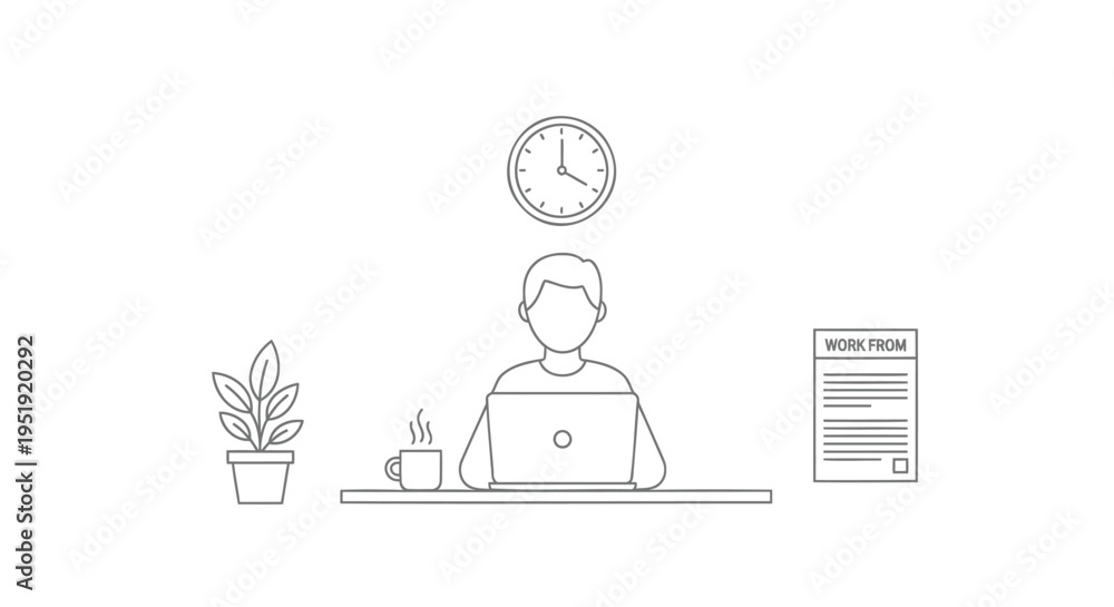 Fototapeta premium Vector illustration of a man working on laptop at desk with plant, coffee, clock and document