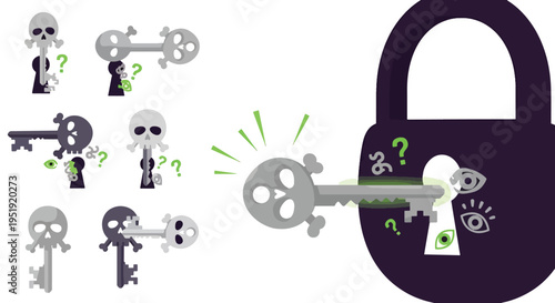 Keys with Skull Heads Trying to Open a Padlock Unlocking Mystery with Skeleton Keys Security and Access Concept Creative Key Design for Opening Mechanism Unveiling Hidden Solutions