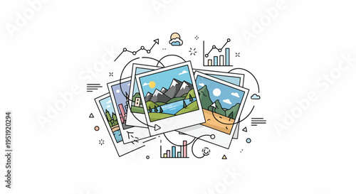 A cluster of various nature scenes and data visuals are stacked together portraying travel destinations alongside financial growth and performance metrics creating a dynamic visual narrative