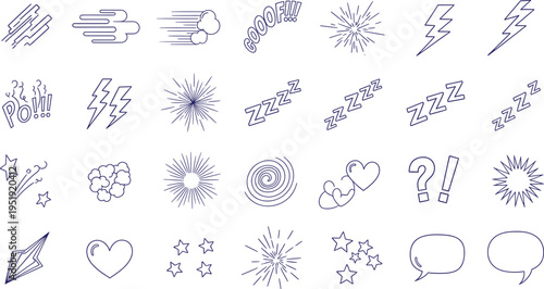 A collection of comic book style icons and graphics