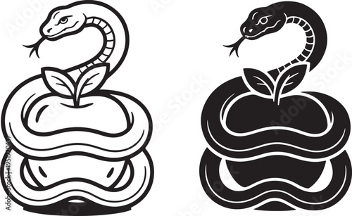 Vector illustration showing a snake coiled around an apple with two leaves, in solid black and outline versions, symbolizing temptation or knowledge