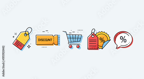Various icons representing sales and promotional offers are arranged in a row highlighting concepts of discounts percentages and shopping carts for business promotions and marketing strategies