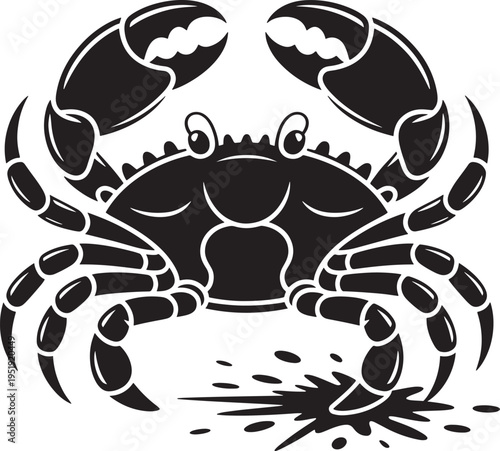 Vector illustration of a cartoon crab in silhouette, with claws raised and eyes closed, expressing a happy or content emotion